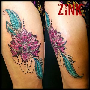 Mandala lotus flower on thigh with Daughters ❤name