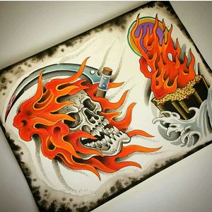 Fiery drawings by @vincentpenning For info or bookings pls contact us at art@royaltattoo.com or call us at + 45 49202770#royal #royaltattoo #royaltattoodk #royalink #royaltattoodenmark #fudomyooflame #reaper #drawing #painting