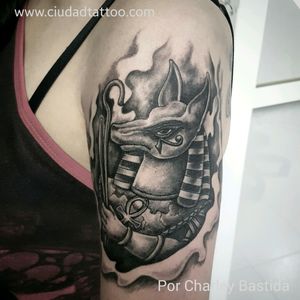 A tattoo I did on Pati's arm. #blackandgreytattoo #anubis #anubistattoo #tattoosbycharley #mexicantattooartist #ciudadtattoomx