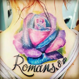 #colorful #tattoo #rose #romans #8:18 #bibleverse #neckink #necktattoo #beautiful #number5