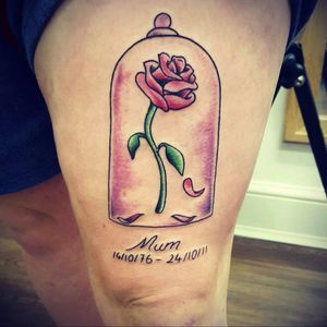 My tattoo for my beautiful mother. Love it! #tattoo #thigh #beautyandbeast #roseinaglass #love #beautiful #firsttattoobutnotthelast