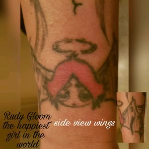 On my right wrist. Ruby Gloom, the happiest girl in the world 😉.  My step son was crazy about Bats so my brother designed Batwings around my wrist. She has a aureool and little devil ears to represent the Good and the Bad in every person. If you accept both sides, it makes you a happy person🤔