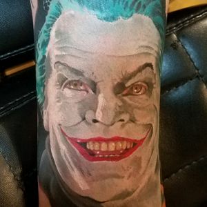 Jack Nicholson as the Joker. #allsaintstattoo #tattoo #tattoos #tattooartist #tattooshop #art #artist #daytonabeach #florida #fkirons #mickeysharpz #keithbmachineworks #fusionink #colorportraittattoo #portraittattoo