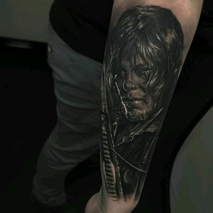 My Daryl Dixon tattoo by Edgar Ivanov. #thewalkingdead #WalkingDead #twd #daryl #DarylDixon #Black #blackandgray #realistic #realism #portrait #tattoo #forearm #sleeve