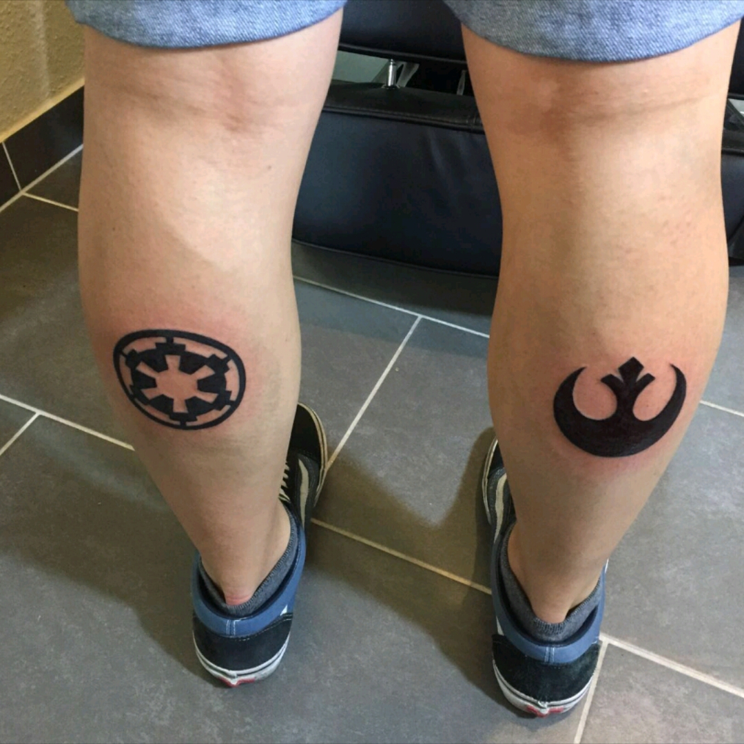 Rebel Alliance Starbird and Imperial Crest tattoo on