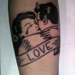 2nd tattoo #tattoo #traditional #love #devil #cry #ink #blackwork