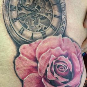 Progress of my side piece, 1st session, realistic rose & pocket watch by Daniel from Nine Lives Tattoo Studio (my 7th tattoo) #realistic #rose #watch #timeless #Sidepiece #hip