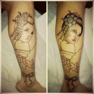 Beginning of my sleeve, Geisha & Tiger leg sleeve in progress by Daniel, 1st session, Geisha tattoo #Geisha #leg #legsleeve #japanese