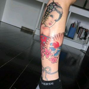 Progress of my leg sleeve, 2nd session, Geisha tattoo colour complete by Daniel #Geisha #leg #legsleeve #japanese #fan