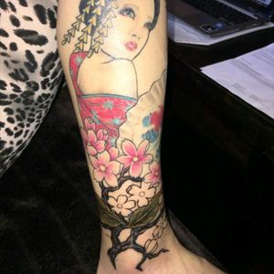 Progress of my leg sleeve, 4th session, ankle cover up, Daniel have done a great job turned the ribbon into a blossom tree, I am extremely happy with how my sleeve coming along  #Geisha #leg #legsleeve #japanese #fan #peony #freehand #cherryblossom #blossomtree #sakura #coverup  #ankle