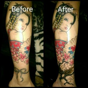 Progress of my leg sleeve, 4th session, ankle cover up, Daniel have done a great job turned the ribbon into a blossom tree, I am extremely happy with how my sleeve coming along  #Geisha #leg #legsleeve #japanese #fan #peony #freehand #cherryblossom #blossomtree #sakura #coverup #ankle