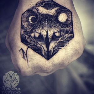 Owl skull landscape tattoo with my signature 😸 #owlskull #landscape #oldetchingstyle #engravingtattoo #blackwork #blackandgrey  #czechtattoo #followme #nayanatattoo ..find me on fb 😜#originalartworks #weloveFollow my work on fb / insta / tattoodo 👉 @nayanatattoo