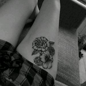 #tattoo #ink #leg #flowers #rose #hibiscus #cute #black