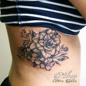 Floral Tattoo for Esther. Covering a birthmark :) #floral #side #flowers #linework #blackwork #engraved #woodwork