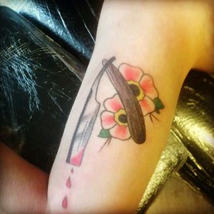 Newest addition to my wee collection done by mike at venus ink in dundee ❤ straight razor with cherry blossoms ✌
