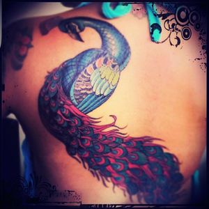 My peacock tattoo on my back. Made by Pj's Tattoo Sanur, Bali! #peacocktattoo #backtattoo #notfinishedyet