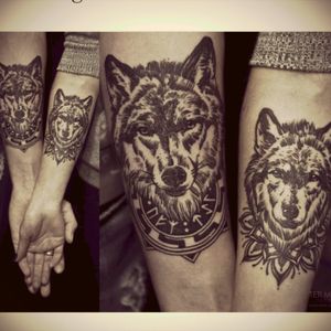 Perfect fierce couples tattoo. Very unique! #wolf #couplestattoo #black #forearm