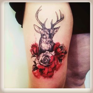 Very outdoorsman type tattoo for the ladies! #outdoors #nature #deer #redrose #flower #animal