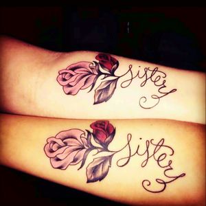 Cute sister tattoos! Love the writing for the stem of the rose.#sisters #rose #pink