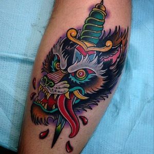 Neo tradition wolf tattoo done by Miguel Lepage