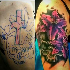 Cover up i did on a client in Baltimore, Maryland.#coveruplife #coveritwithflowers #skullsallday #flower #eternalinks #Cover_up Www.southerncharmtattoo.com