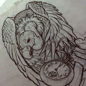 #tattoo #design #tattoodesign #draw #drawing #vulture #bird #animal #outline #clock #watch #pocketwatch #sketch  A sketch of a vulture and a pocketwatch by an unknown artist. ☺