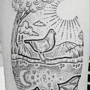My tattoo by Lizzie#pigeon #bat #nature #cute #scene #linework #blackline #black #landscape