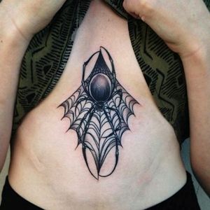 #tattoo #design #tattoodesign #spider #colour #color #web #spiderweb #bodyart #blackwidow #insect #sternum #goth #creepya beautiful tattoo of a spider in its web on a girls sternum by an unknown artist. ☺