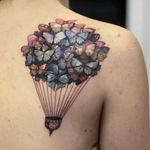#tattoo #design #tattoodesign #color #colour #art #bodyart #buttefly #insect #balloon #hotairballon #back #shoulder  A colourful shoulder tattoo by an unknown artist. ☺