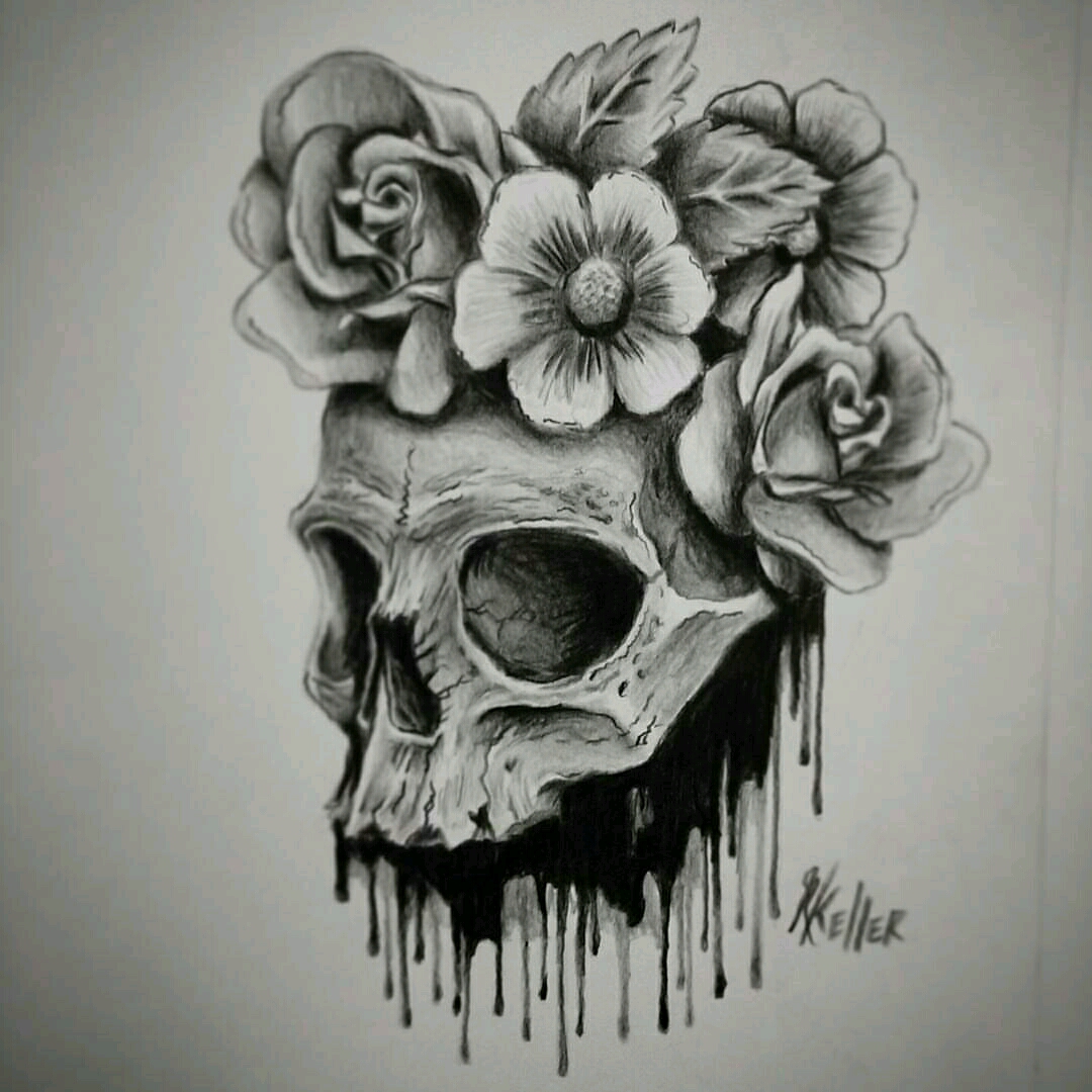 skull with flowers drawing