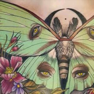 #tattoo #design #tattoodesign #color #colour #art #bodyart #buttefly #insect #moth #bug #floral #flower #flowers #eye colourful tattoo of a green moth and flowers on someone's back by an unknown artist. ☺