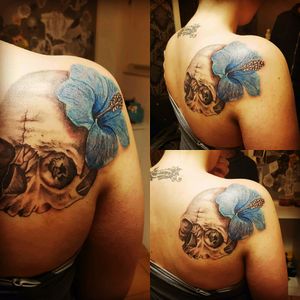 Added to the Skull a Hibiskus Flower in Blue#tattoo #ink #shoulder #added #tat #flower #hibiskus #blue