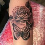 Butterfly rose tattoo #roses #butterfly #blackandgrey #cheyennehawk #stigmarotary #inkeezegreenglide #Criticalpowersupply #stencilstuff #spiritstencil #killerinktattoosupplies