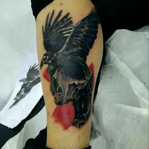 #crow #skull #black&white #red #realistic