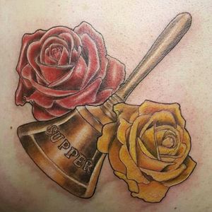 Brass bell and roses for my gram done by Brian Rankin at Nice Ink tattoo in Canonsburg, PA on 11/26/16 #roses #colorful #brass #bell #supperbell