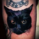 #tattoo #design #tattoodesign #color #colour #art #bodyart #idea #cat #black #blackcat #geomeric #shape #kitten #pet black cat tattoo by an unknown artist. ☺