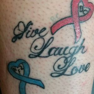 I got this on my leg when my Mother started fighting her second battle with breast cancer. The pink ribbon is for breast cancer and the blue ribbon is for the cancer I fought that was caused by NF2.