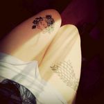 A girl has a tattoo #direwolfs #housestark #manekineko #roses #blueroses #winteriscoming #rosesonmyleg