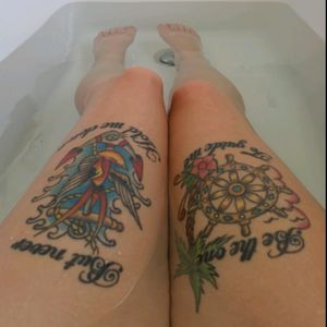 First tattoo #thigh  #anchor #boatwheel #bird #colour #color #betheonetoguideme #butneverholdmedown #betheonetoguidemebutneverholdmedown #quote #palmtree #firsttattoo #1sttat #ocean #sea #nordic