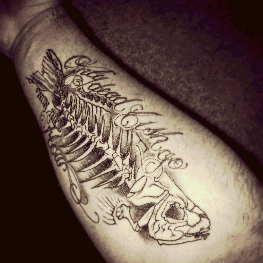 Tattoo uploaded by Christian Mayfield  Got a new friend for my very first  band called Dead Fish fish bones cute small cartoon simple  simplistic pisces  Tattoodo