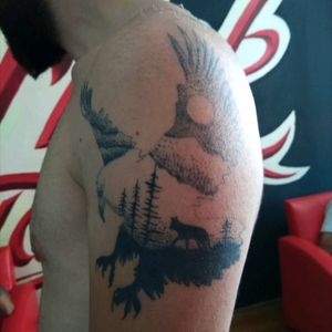 #Eagle #dotwork #forest #wolf #tree #moon