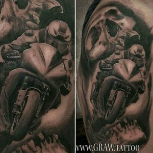 #motorsport #skull #biker #realistictattoo #blackandgrey #realism #sleeve #motorcyclewww.graw.tattoo