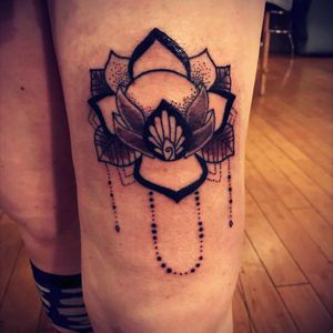 Lotus flower from an apprentice.  Turned out pretty awesome!   #lotustattoo #tattooapprentice  #lotusflower #dangles  #apprenticetattooist  #apprenticetattoo