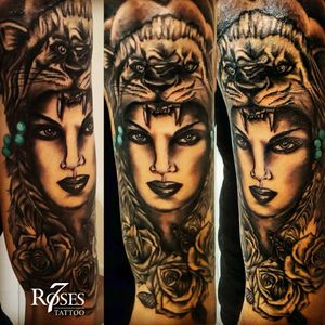 #realistictattoo Woman's face and a lion's head...@7rosestattoo