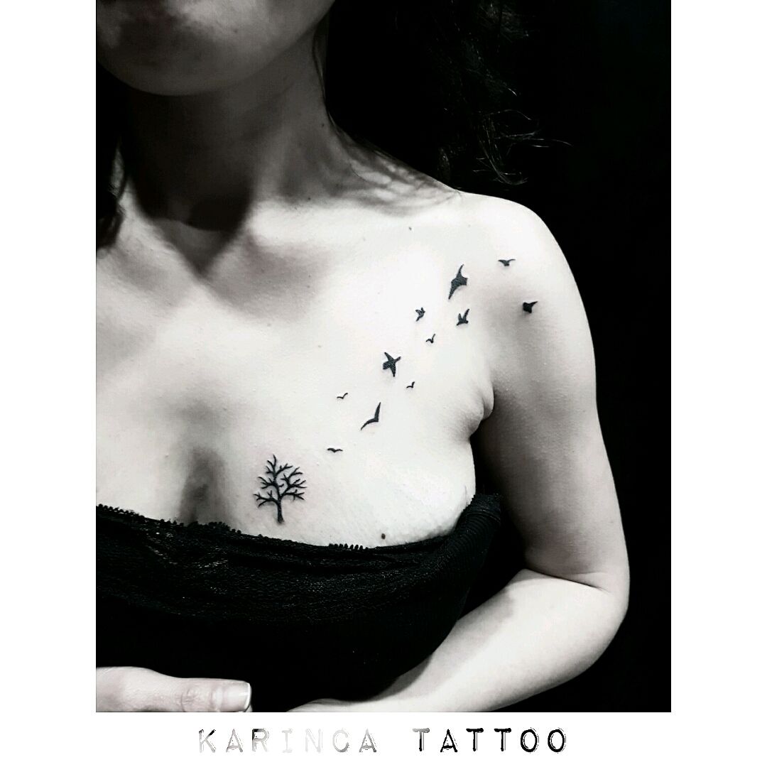 Tattoo uploaded by Bahadır Cem Börekcioğlu • A tree and some flying birds instagram: @karincatattoo #tree #tattoo #bird #tattoos #minimaltattoo #inked #smalltattoo #istanbul #dovme #birdtattoo #tattedwoman #breast #collarbone • Tattoodo