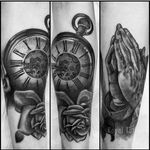 Praying hands and clockwork by @taiobatattoo For info or bookings pls contact us at art@royaltattoo.com or call us at +45 49202770 #royal #royaltattoo #royaltattoodk #royalink #royaltattoodenmark #prayinghands #watch #clock #rose #blackandgrey