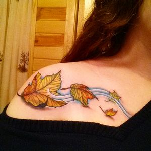 Stunning piece by Kellie at Golden Needle Tattoo in Moorhead, MN#autumnleaves  #autumn #wind #naturetattoo #nature #collarbone  #tree