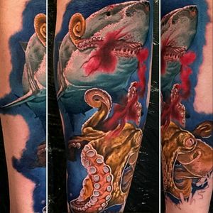 Shark batteling an octopus on my friends arm. #shark #underwater #water #octopus #octopustattoos #sharktattoo #sleevetattoo #realism #color #colour #colorrealism #colourrealism