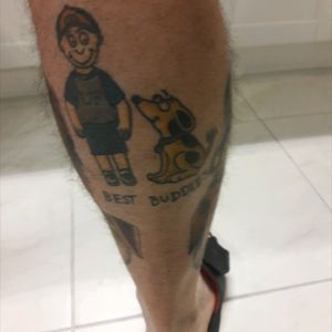 Back of calf.  See the 2 portraits of my boys on each side of the best buddies.  My wife likes the dogs.