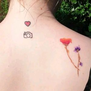 All have important meaning to me <3 #heart  #hearttattoo  #camera #minimalist #flowers #flowertattoo #poppy #poppytattoo #sweetpea #LoveMySweetpeasTattoo  #colour #colourtattoo #watercolor #watercolortattoo